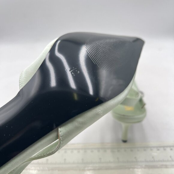 miss left Light Green Flower Pointed Toe Satin Slingback Slip on Low Heel Pumps - Picture 6 of 8